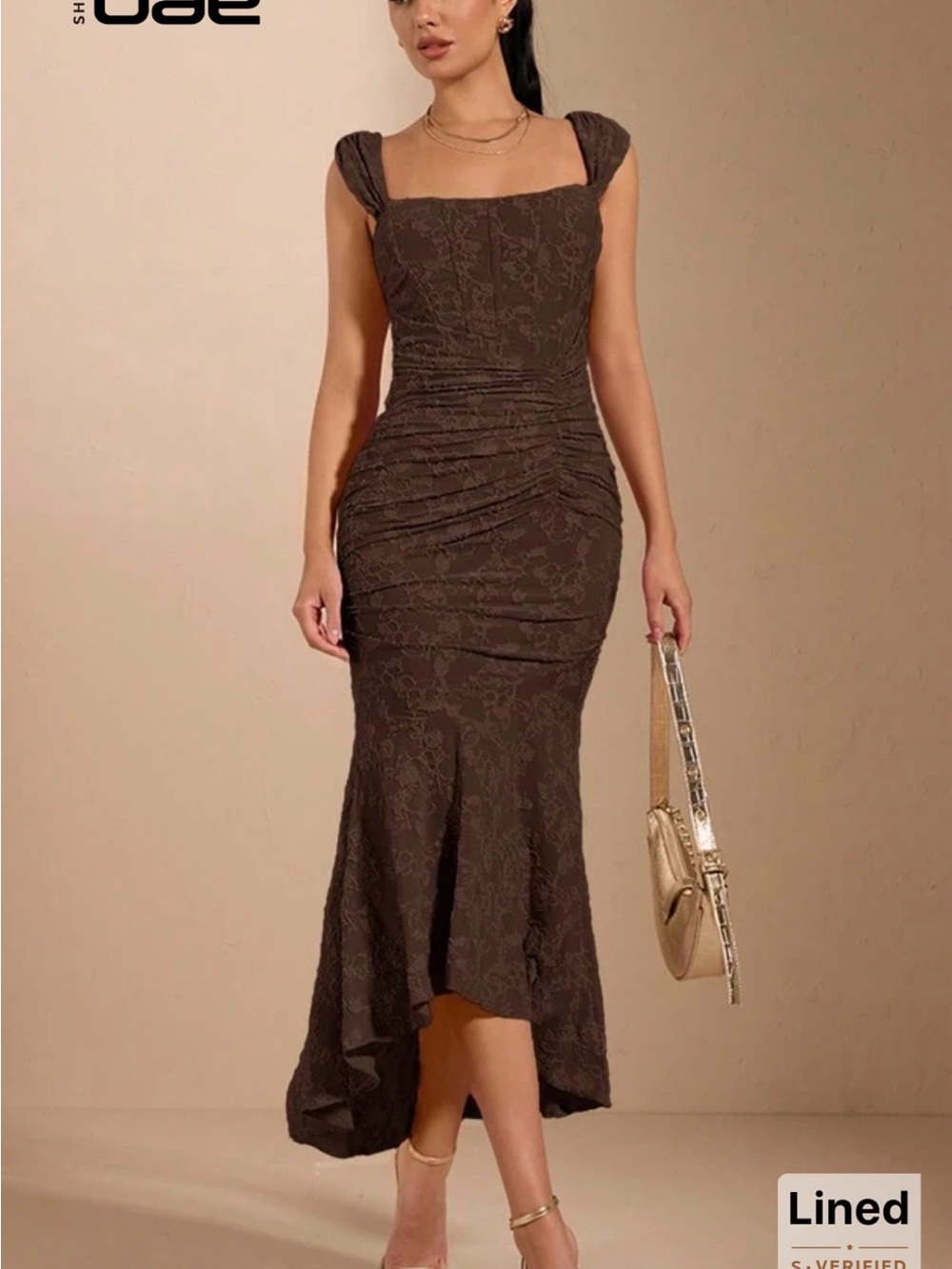 SHEIN Brown Lace Ruched High-Low Square Neck Dress